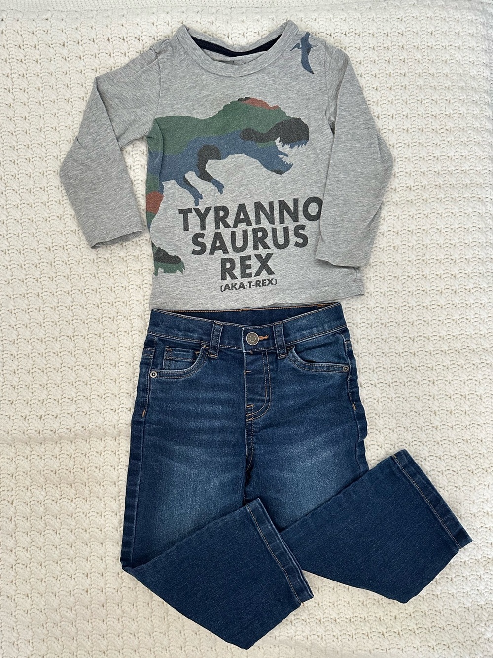 Toddler 3T Set Gray Long-Sleeve Dinosaur TRex Shirt Adjustable Jeans Straight